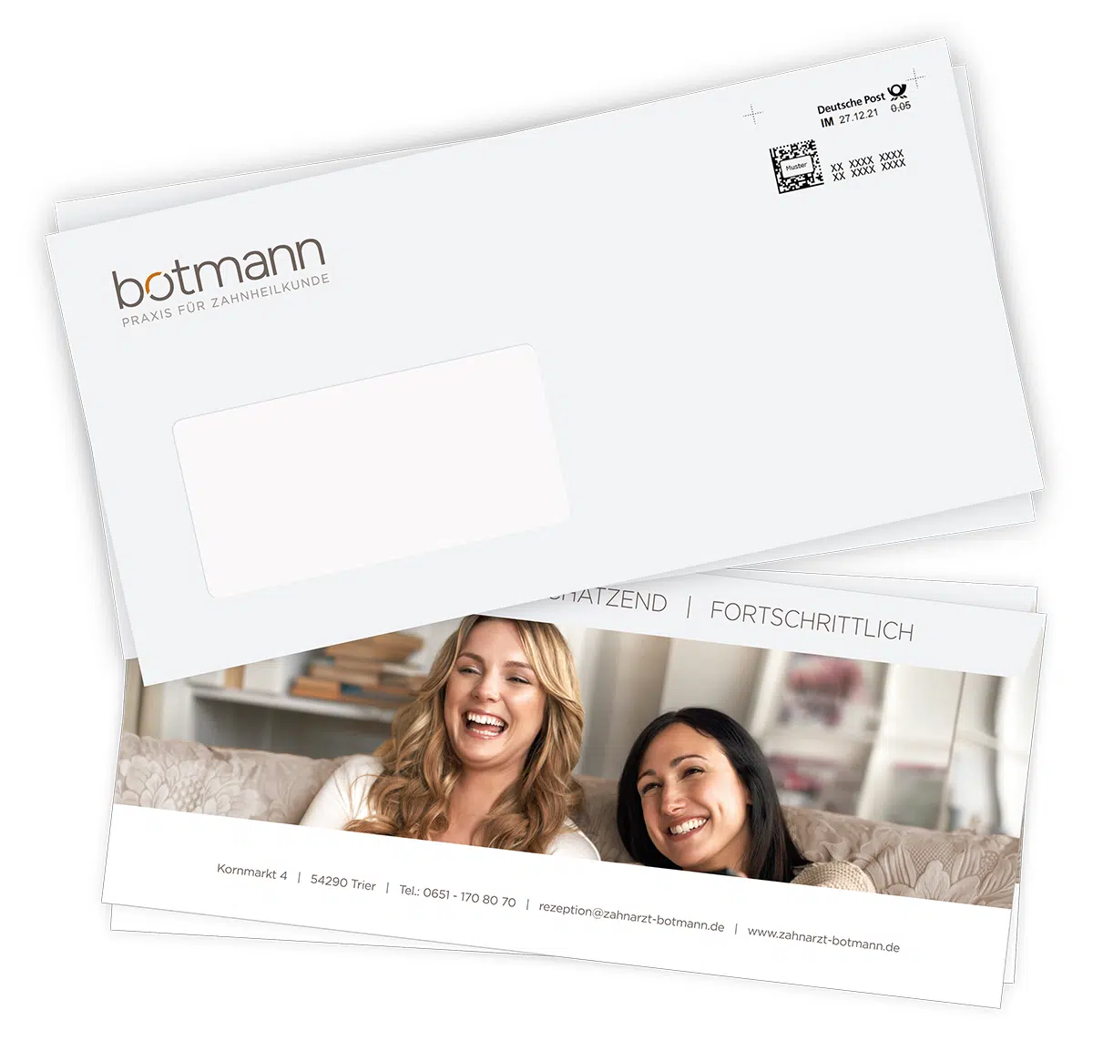 Briefumschlag und Briefpapier der Zahnarztpraxis Botmann im neuen Corporate Design