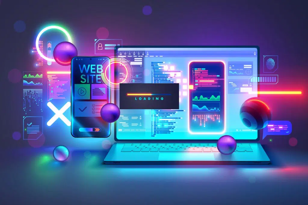 Illustration mit Laptop und Smartphone, auf denen Website-Layouts entstehen, Symbolbild für KI-generierte Websites